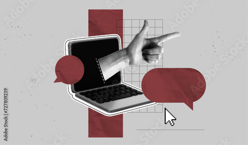 Trendy Halftone Collage Online Communication. Computer laptop with hand inside screen and speech bubble messages. Worker or student on internet. Discussion and feedback. Contemporary vector art