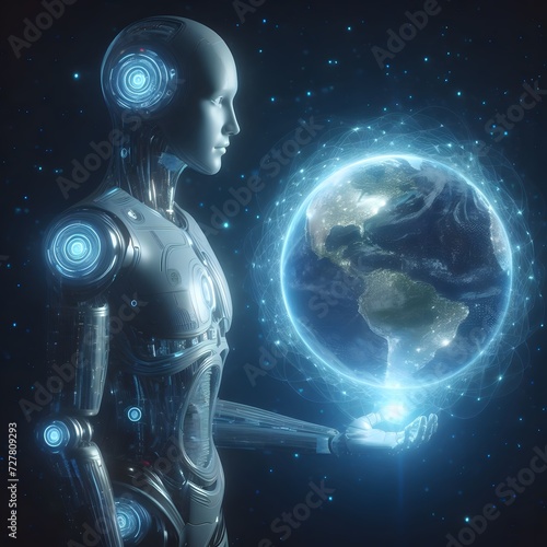 Male AI with Glowing Joints Grasping a Radiant Globe