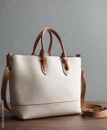 model of a leather tote bag with shoulder strap, isolated white background

 photo