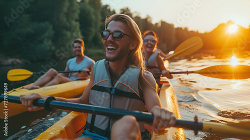 Happy young caucasian group of friends kayaking on river with sunset in the backgrounds. Having fun in leisure activity. Happy male and female model laughting on the kayak. Sport, relati generative ai