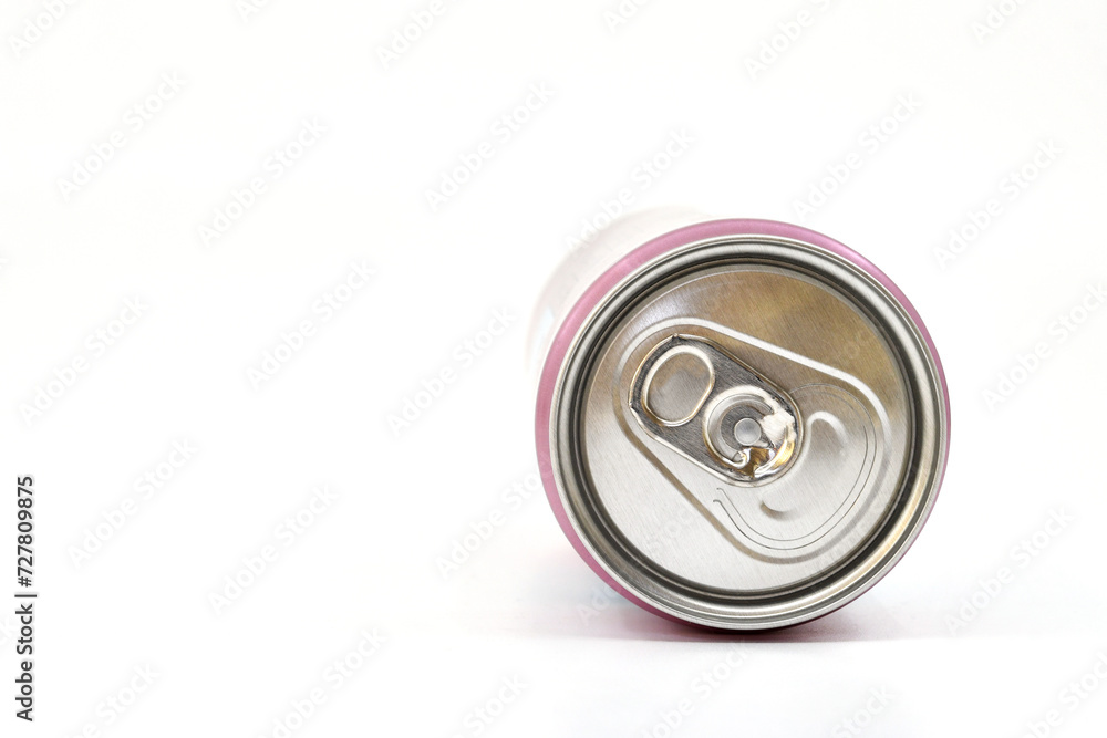 Close up view of the end of a ring pull drinks can lying on its side isolated on a white background. Copy space. Close up view of the end of a ring pull drinks can lying on its side isolated on a white background. Copy space.