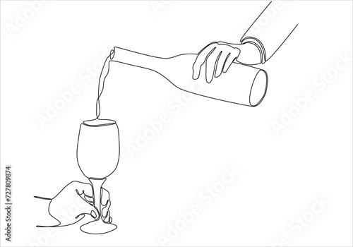 continuous line of hands pouring wine into glasses vector illustration with party concept