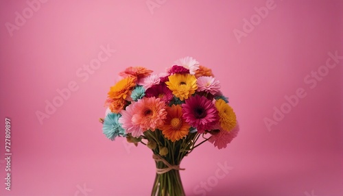 person demonstrating bunch of colorful flowers against pink background   © abu