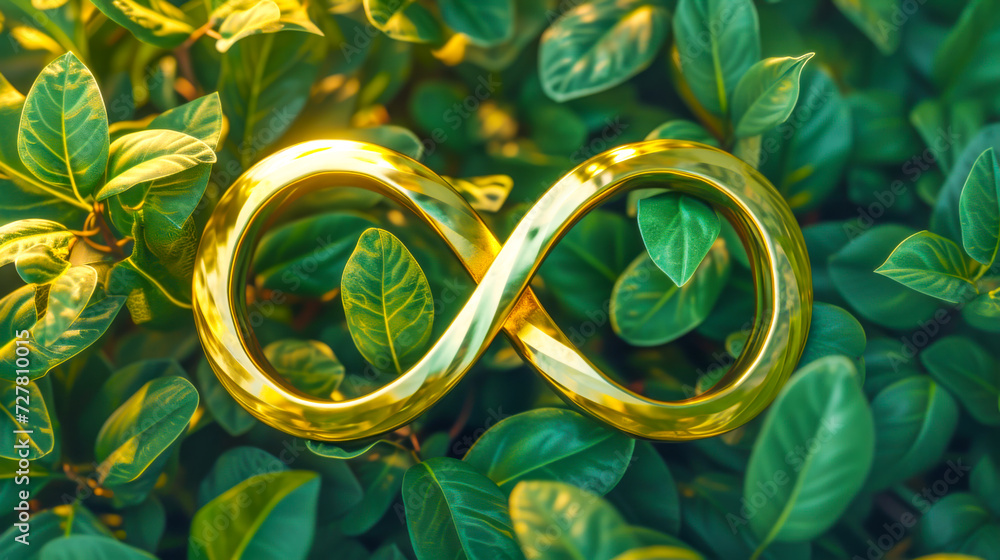 Golden infinity symbol sign on nature background with green leaves. World autism awareness day, autism rights movement, neurodiversity, autistic acceptance movement - obrazy, fototapety, plakaty 