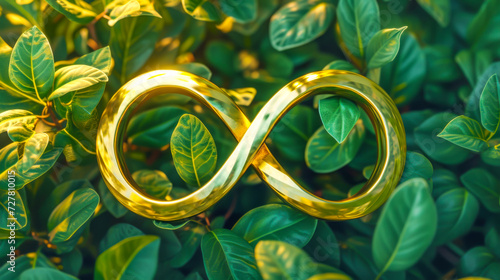 Golden infinity symbol sign on nature background with green leaves. World autism awareness day, autism rights movement, neurodiversity, autistic acceptance movement photo
