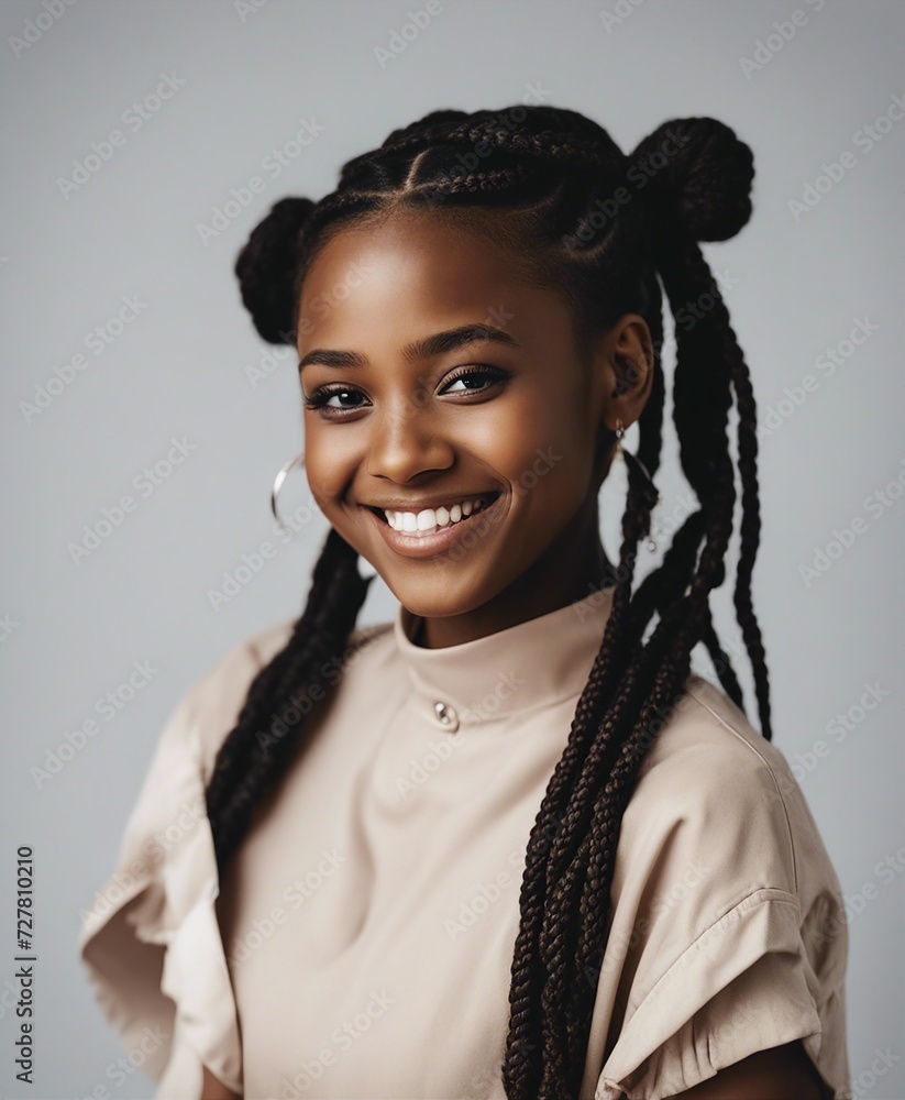 portrait of African girl with braided hair and smiling smile, isolated ...