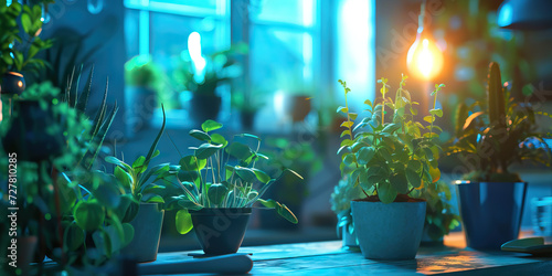 Slika na platnu Indoor Gardening: Close-up of Indoor Plants and Gardening Tools, Demonstrating U