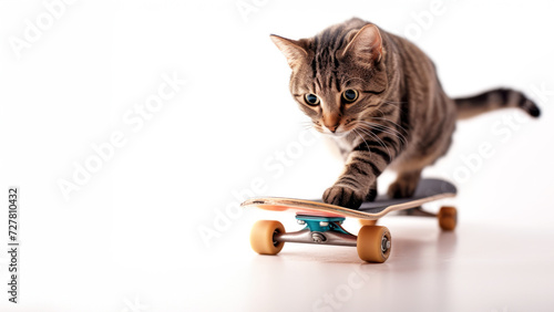 cool cat on skateboard isolated onwhite background. Cute cat skateboarding. funny cat on surf skateboard funny expression with sport exercise concept healthy lifestyle. photo