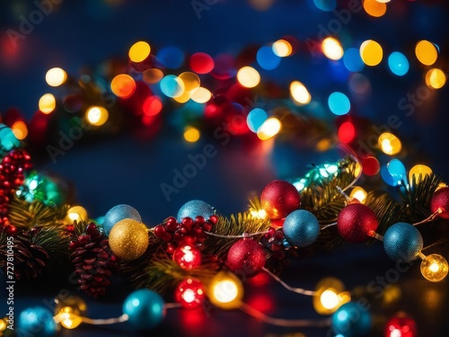 christmas bokeh lights over dark blue background, holiday illumination and decoration concept