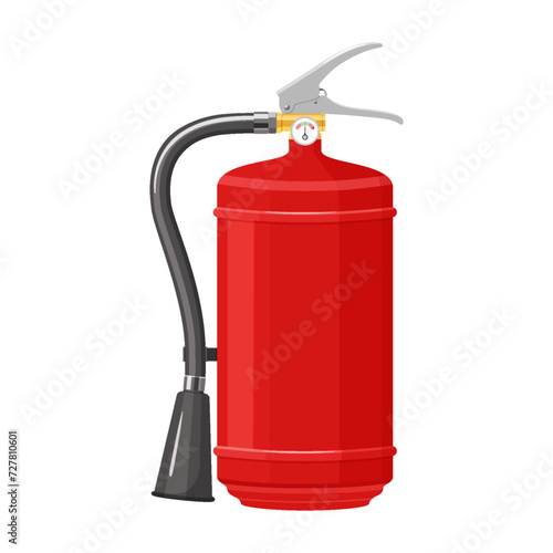 Red Dry Powder Fire Extinguisher with nozzle isolated on white background. Portable fire extinguishing equipment from fire department. Professional tool or instrument. Realistic 3D vector illustration