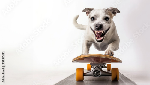 fashionable funny and creative dog in sunglasses on skateboard isolated on white background, active pet. Dog wearing glasses with skateboard