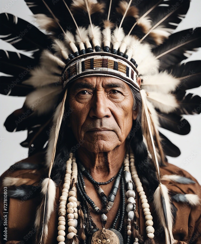 Obraz premium portrait of a Native American tribal chief, isolated white background 