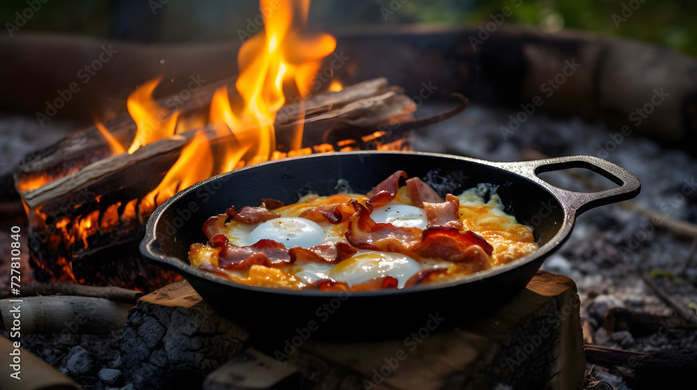 Camping breakfast with bacon and eggs in a cast iron skillet. Fried eggs with bacon in a pan in the forest. Food at the camp. Scrambled eggs with bacon on fire. Picnic. Generative AI. Camping breakfast with bacon and eggs in a cast iron skillet. Fried eggs with bacon in a pan in the forest. Food at the camp. Scrambled eggs with bacon on fire. Picnic. Generative AI.