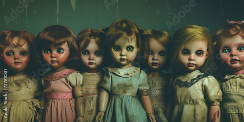Creepy Dolls: An Illustration of Vintage Dolls with Blank Stares and Unsettling Grins, Set in a Dimly Lit Room