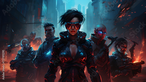 Cyberpunk team of heroes fighting invasion