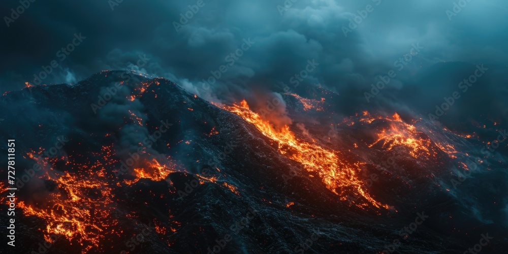 A mountain covered in lava and flames, with a dramatic cloudy sky. Suitable for illustrations, website backgrounds, and nature-themed designs