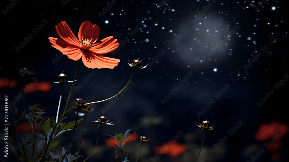 Dark cosmos flower with full moon at night
