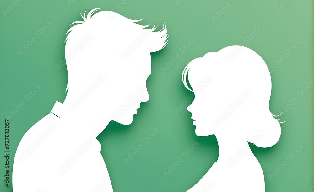 Couple white silhouette. soft green background with copy space. Generative AI