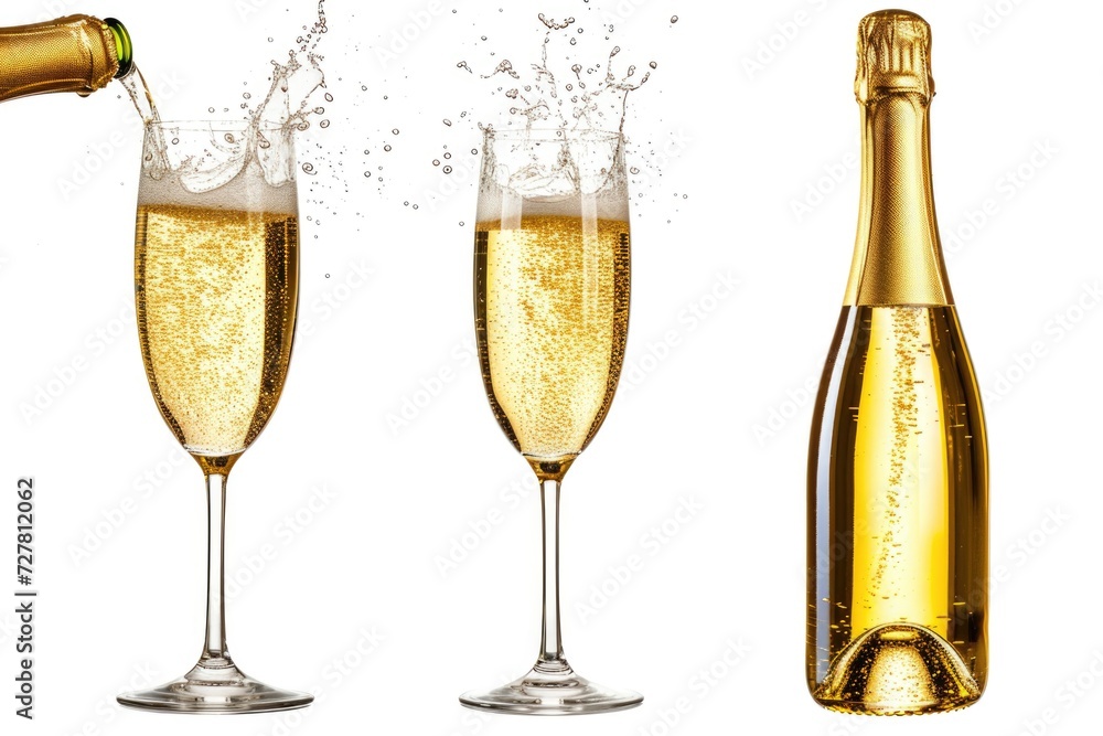 A bottle of champagne being poured into two glasses. Perfect for celebrating special occasions. A bottle of champagne being poured into two glasses. Perfect for celebrating special occasions.