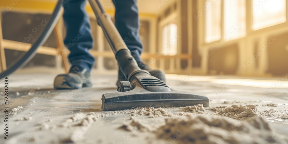 A person is shown using a vacuum to clean the floor. This image can be used to illustrate household chores or cleaning services A person is shown using a vacuum to clean the floor. This image can be used to illustrate household chores or cleaning services