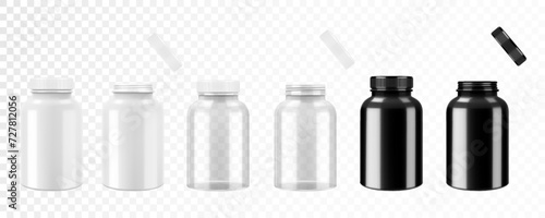 Opened and closed white and black plastic medical pill bottles, 3d realistic vector illustration. Mock Up Template set of medicine package for pills, capsule, drugs, isolated on white background