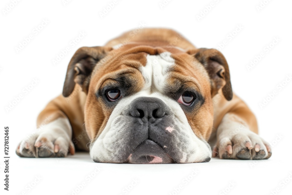 A brown and white dog is pictured laying down on a white surface. This image can be used for various purposes