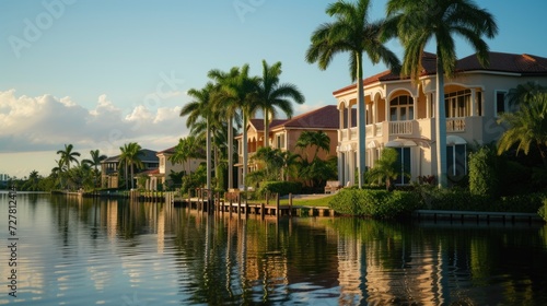 A scenic view of a row of houses along the serene body of water. Perfect for real estate promotions or travel brochures
