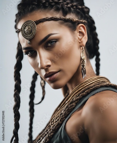 portrait of warrior amazon woman with braided hair, isolated white background

