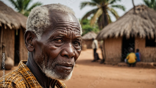 Close-up portrait of an elderly African man in an African village. generative AI