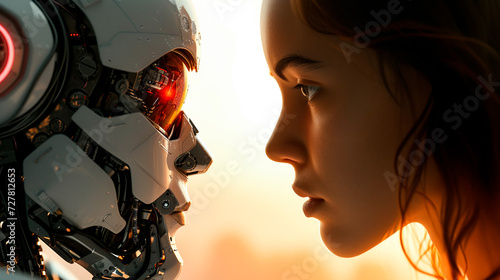 Girl facing a robot, moment of human-technology connection photo