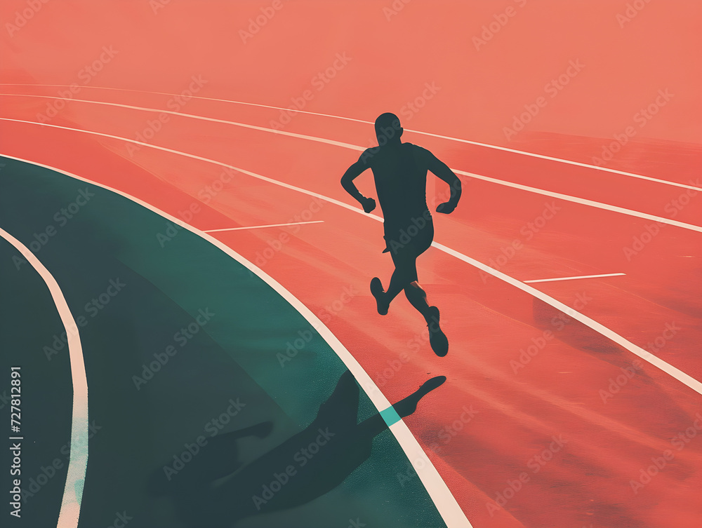 Silhouetted Sprinter on Colorful Track - Athletic Perseverance and Dynamic Motion Concept in Vibrant Red and Green