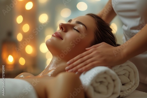 A woman receiving a relaxing massage at a spa. This image can be used to promote wellness, relaxation, and self-care