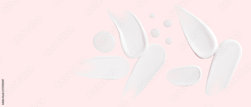 Set of smears of cream and drops of transparent gel on a pink background. Empty space Set of smears of cream and drops of transparent gel on a pink background. Empty space