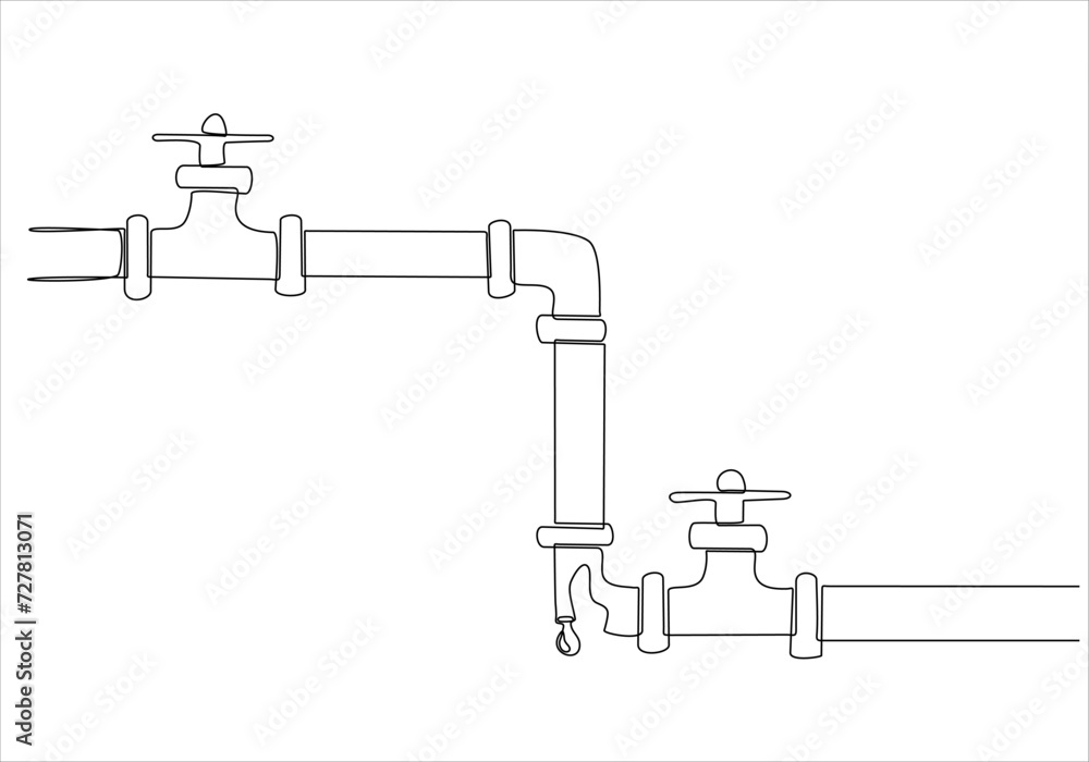 continuous line drawing of leaking water faucet with water drop vector illustration