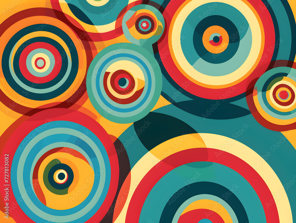 Abstract Colorful Overlapping Circles with Retro Vibes, Warm Palette in Red, Orange, Yellow, Green, and Blue - Concept of Dynamic Movement & Mid-Century Modern Design