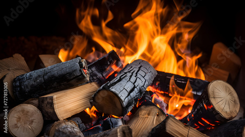 Close up shot of burning firewood in the fireplace. Generative AI.