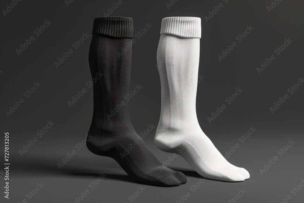 Two pairs of white and black socks sitting next to each other. Perfect for showcasing different sock styles and colors. Two pairs of white and black socks sitting next to each other. Perfect for showcasing different sock styles and colors.