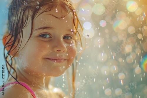 A little girl wearing a pink bathing suit standing in the rain. This image can be used to depict the joy of playing in the rain or the innocence of childhood