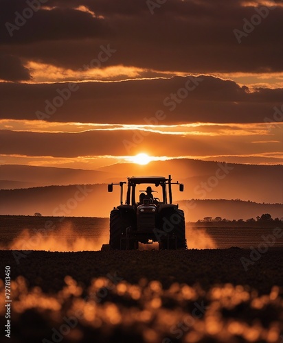 silhouette of farmer on tractor fixed with harrow plowing agriculture field soil during dusk and orange sunset 