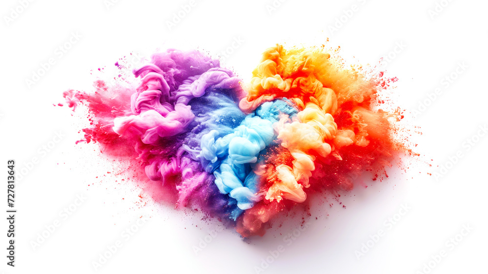 Heart shaped colorful explosion of Holi powder bursts in spectrum of colors, symbolizing joy and exuberance of Festival of Colors, and capturing essence of celebration and cultural festivity