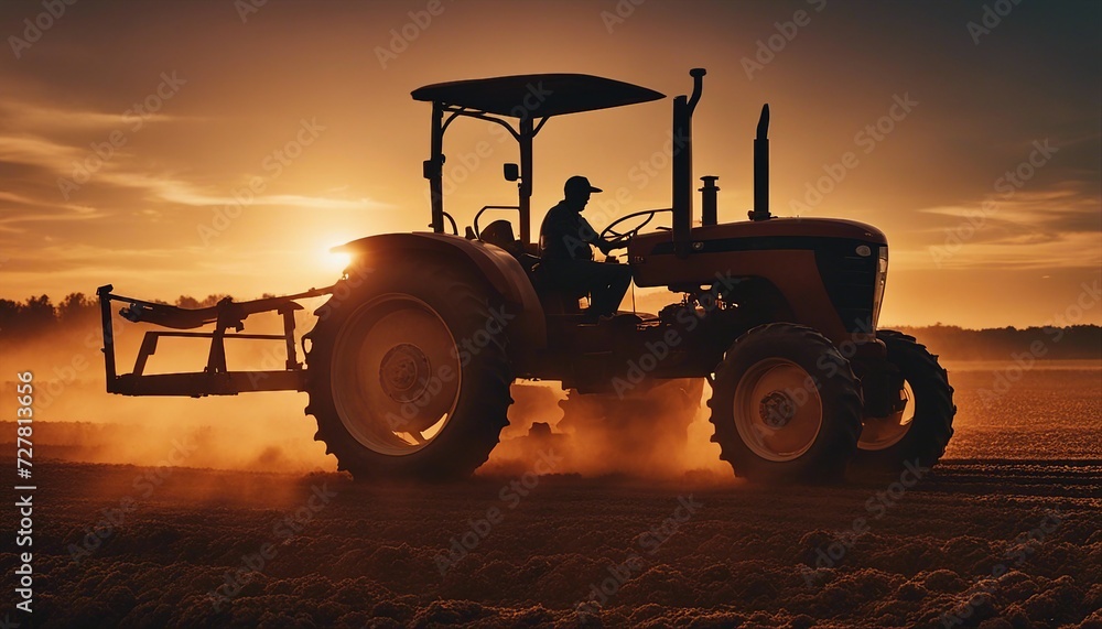 © abu - silhouette of farmer on tractor fixed with harrow plowing agriculture field soil during dusk and orange sunset © abu - silhouette of farmer on tractor fixed with harrow plowing agriculture field soil during dusk and orange sunset