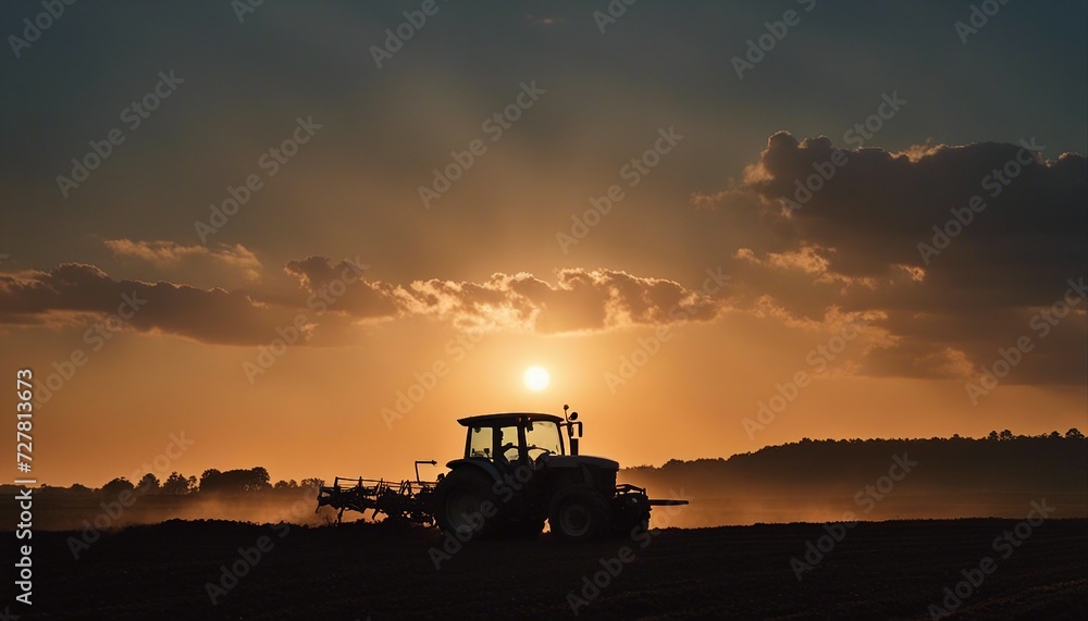 Fototapeta premium silhouette of farmer on tractor fixed with harrow plowing agriculture field soil during dusk and orange sunset 