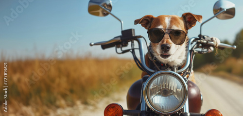 A dog wearing sunglasses is sitting on a motorcycle. A dog biker a motorcycle outdoors. Middle shot. Funny Dog biker with sunglasses and black leather coat riding motorbike in the city street. photo