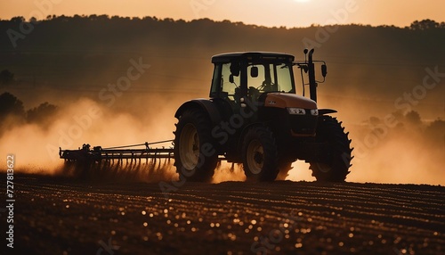 silhouette of farmer on tractor fixed with harrow plowing agriculture field soil during dusk and orange sunset
