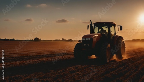 silhouette of farmer on tractor fixed with harrow plowing agriculture field soil during dusk and orange sunset
 photo