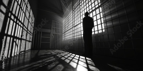 A man is standing in a jail cell. This image can be used to depict imprisonment, incarceration, or the criminal justice system photo