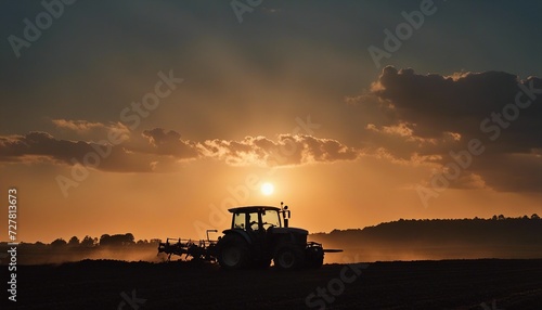 silhouette of farmer on tractor fixed with harrow plowing agriculture field soil during dusk and orange sunset 