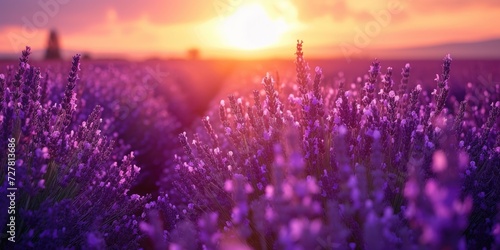 A beautiful field of lavender with the sun setting in the background. Perfect for nature and landscape designs