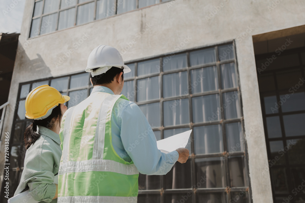 Smart civil architect engineer inspecting and working outdoors structure building site with blueprints, engineering and architecture concept, maintenance engineer team working in front of building. Smart civil architect engineer inspecting and working outdoors structure building site with blueprints, engineering and architecture concept, maintenance engineer team working in front of building.