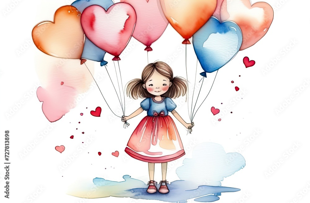 Little cute girl in a bright blue dress posing while holding balloons and flowers in her hands. Little cute girl in a bright blue dress posing while holding balloons and flowers in her hands.